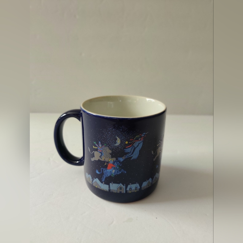 Blue Winter Christmas Coffee Cup Mug Kids Riding Flying Over Houses